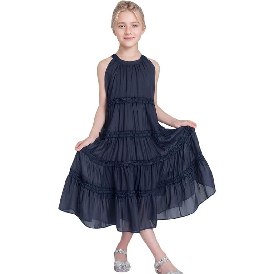 Girls Navy Ruffle Tiered Midi Dress Sleeveless Party Dress Size 12 Y - Thumbnail 2