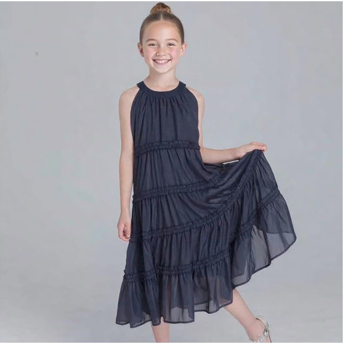 Girls Navy Ruffle Tiered Midi Dress Sleeveless Party Dress Size 12 Y - Thumbnail 7