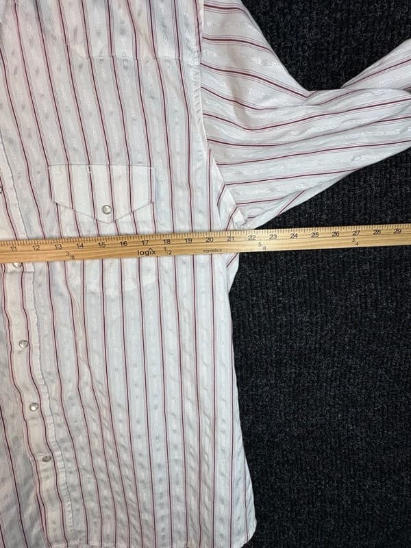 Wrangler Men's White and Maroon Striped Long Sleeve Pearl Snap Shirt - Thumbnail 6