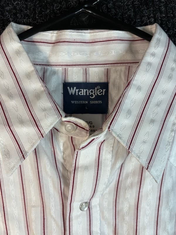 Wrangler Men's White and Maroon Striped Long Sleeve Pearl Snap Shirt - Thumbnail 2