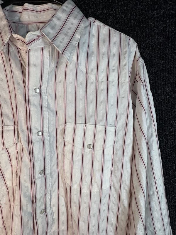 Wrangler Men's White and Maroon Striped Long Sleeve Pearl Snap Shirt - Thumbnail 4
