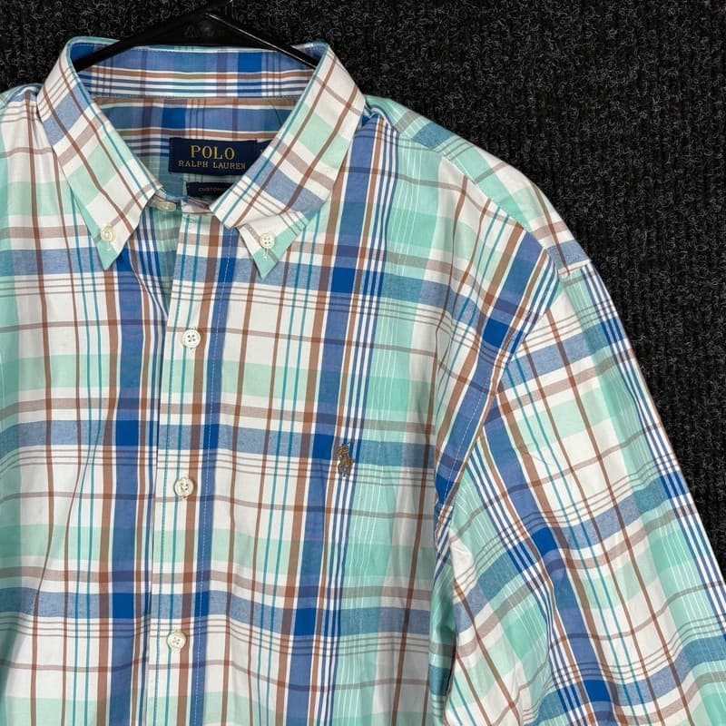 Polo Ralph Lauren Custom Fit Plaid Button Down Shirt 3XL Teal Blue Brown - Thumbnail 3