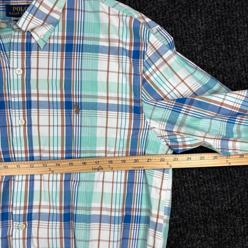 Polo Ralph Lauren Custom Fit Plaid Button Down Shirt 3XL Teal Blue Brown - Thumbnail 9