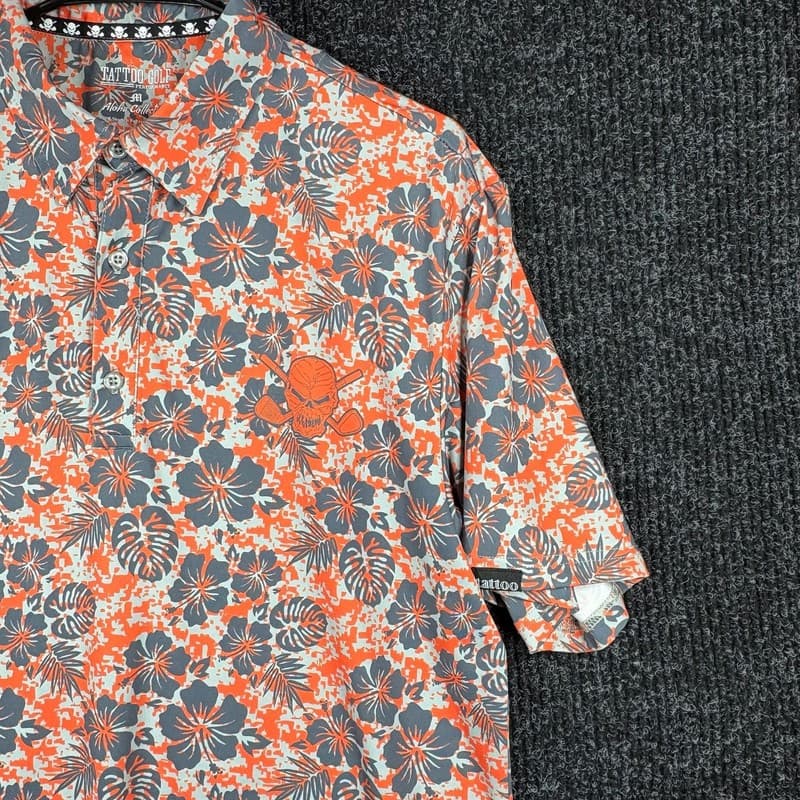 Tattoo Golf Aloha Collection Orange and Grey Floral Skull Polo Shirt - Thumbnail 3