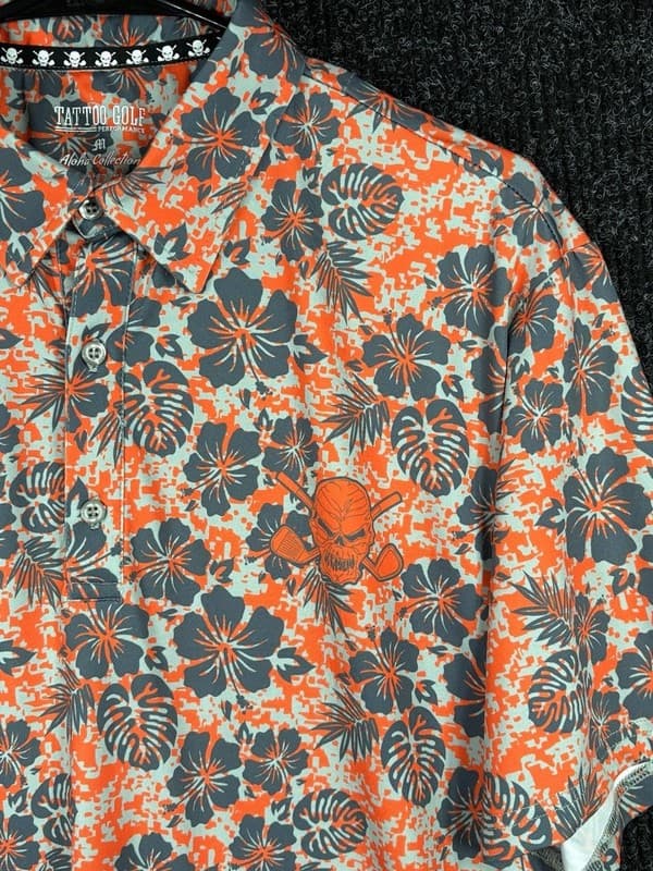 Tattoo Golf Aloha Collection Orange and Grey Floral Skull Polo Shirt - Thumbnail 8