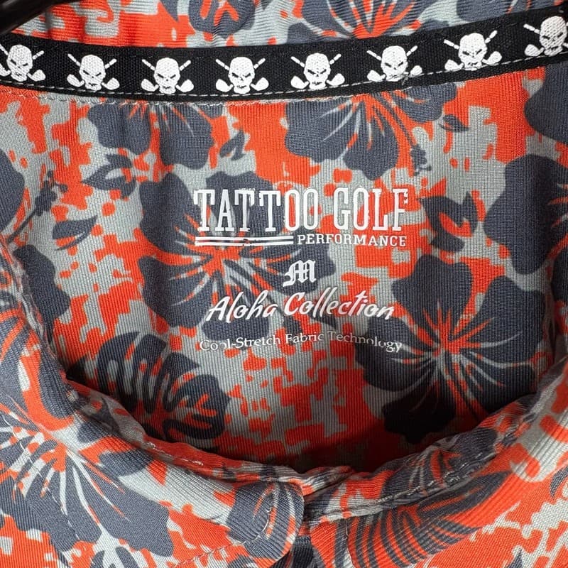 Tattoo Golf Aloha Collection Orange and Grey Floral Skull Polo Shirt - Thumbnail 2