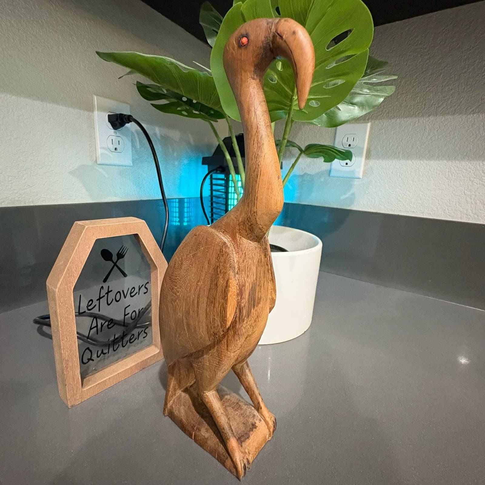 Vintage Hand Carved Wooden Ibis Bird Sculpture with Inlaid Eyes - Thumbnail 3