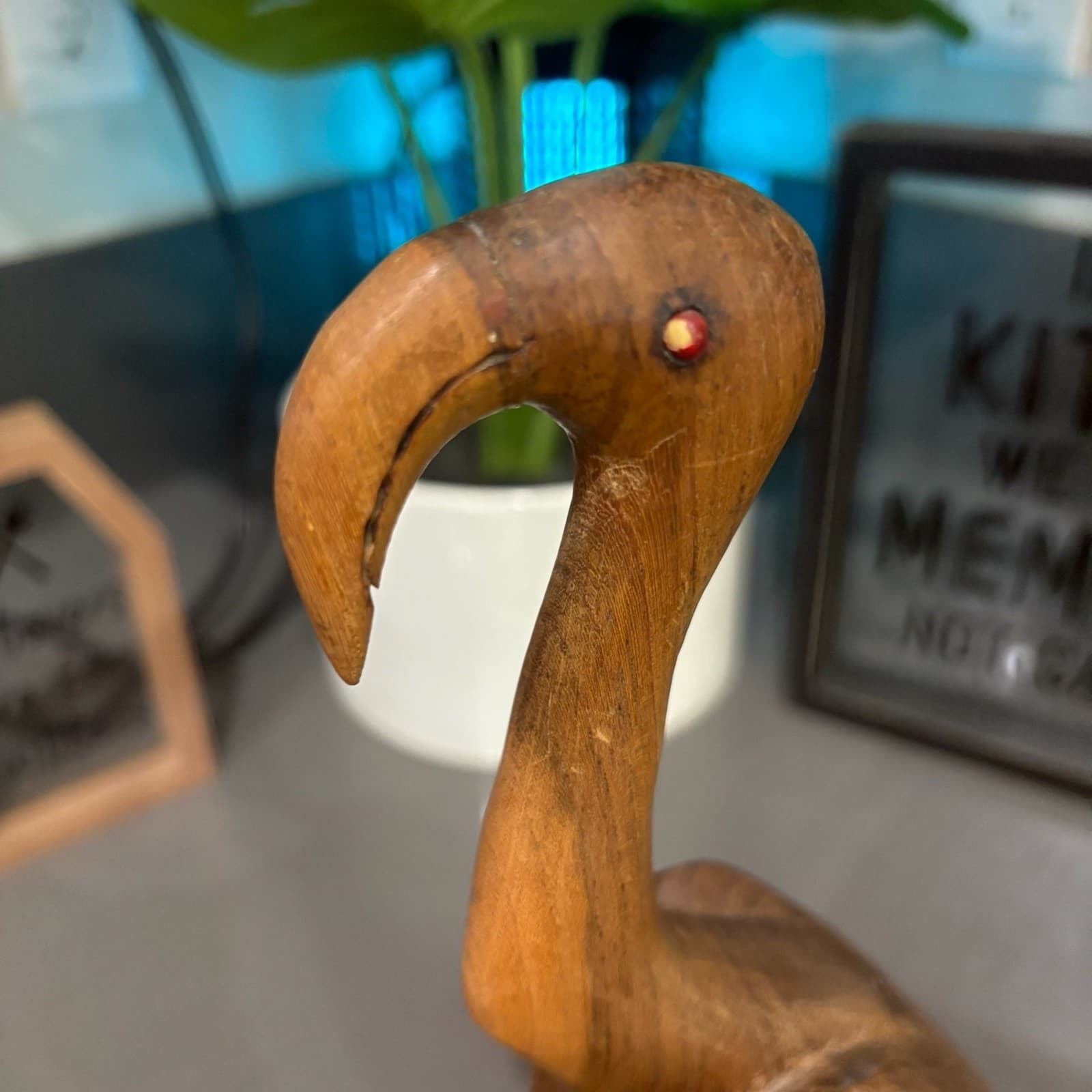 Vintage Hand Carved Wooden Ibis Bird Sculpture with Inlaid Eyes - Thumbnail 12