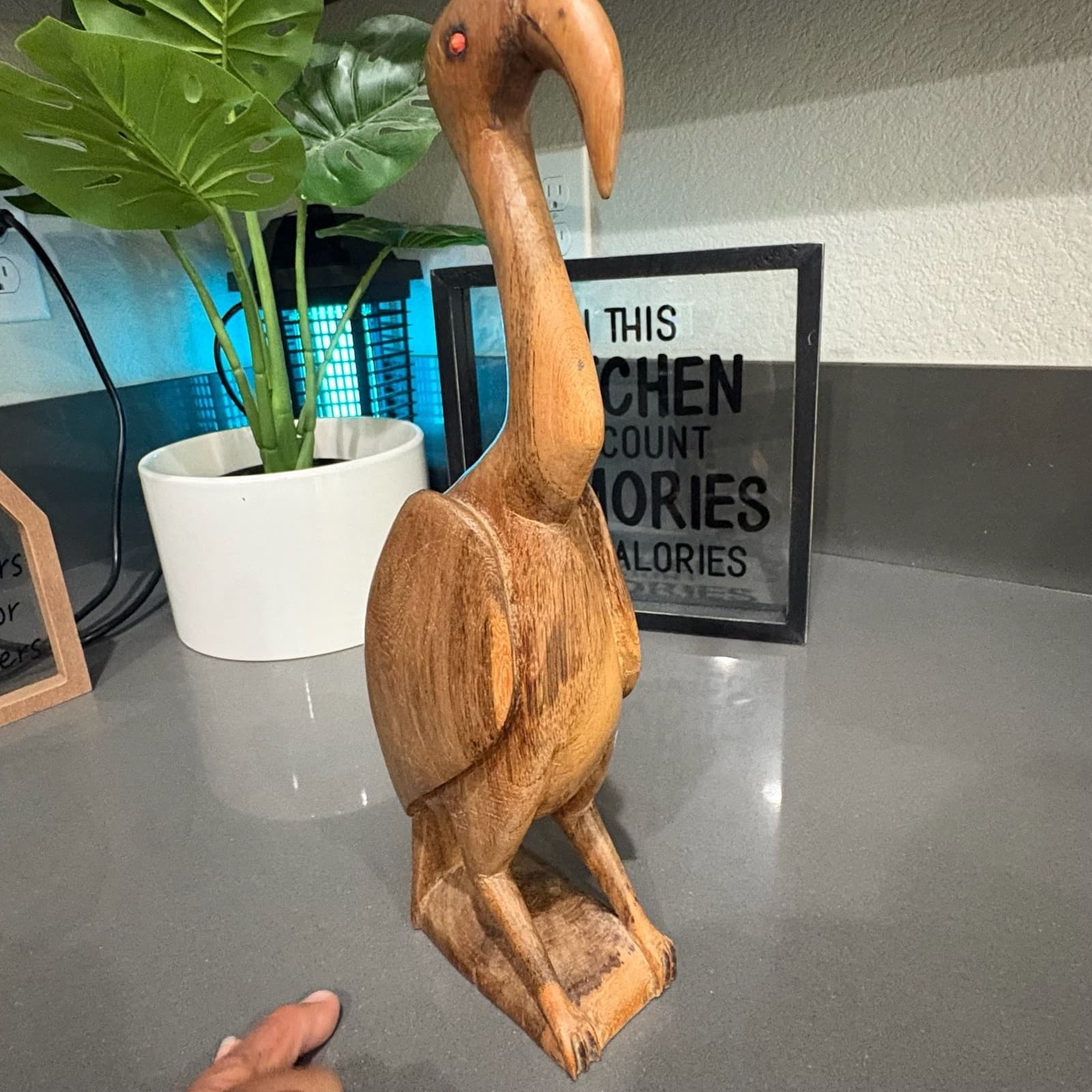 Vintage Hand Carved Wooden Ibis Bird Sculpture with Inlaid Eyes - Thumbnail 9
