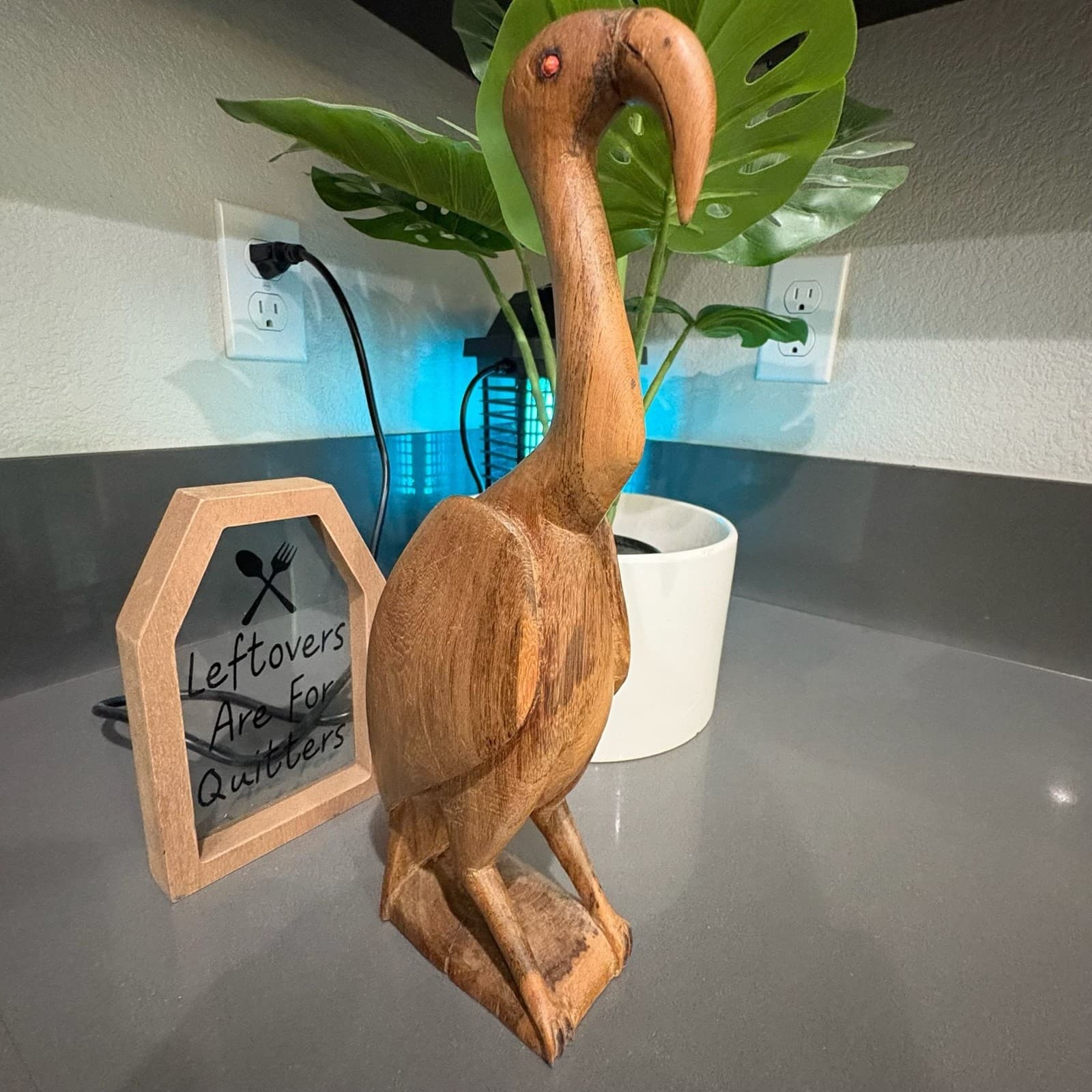 Vintage Hand Carved Wooden Ibis Bird Sculpture with Inlaid Eyes