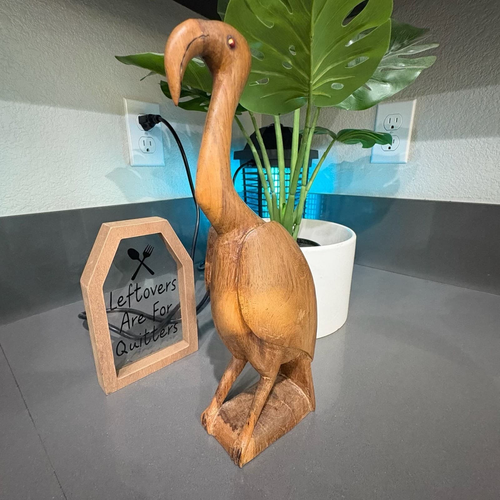 Vintage Hand Carved Wooden Ibis Bird Sculpture with Inlaid Eyes - Thumbnail 2