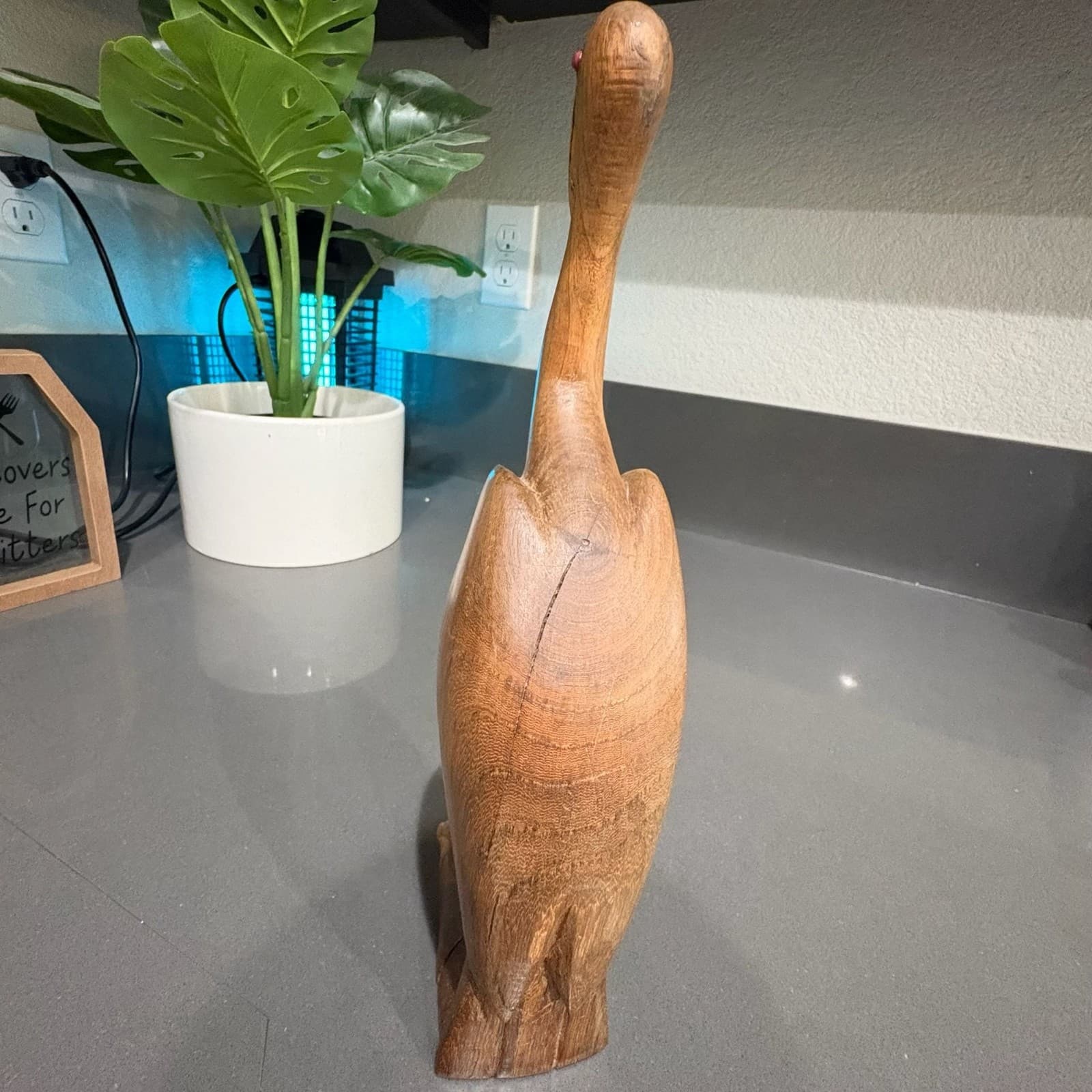 Vintage Hand Carved Wooden Ibis Bird Sculpture with Inlaid Eyes - Thumbnail 5