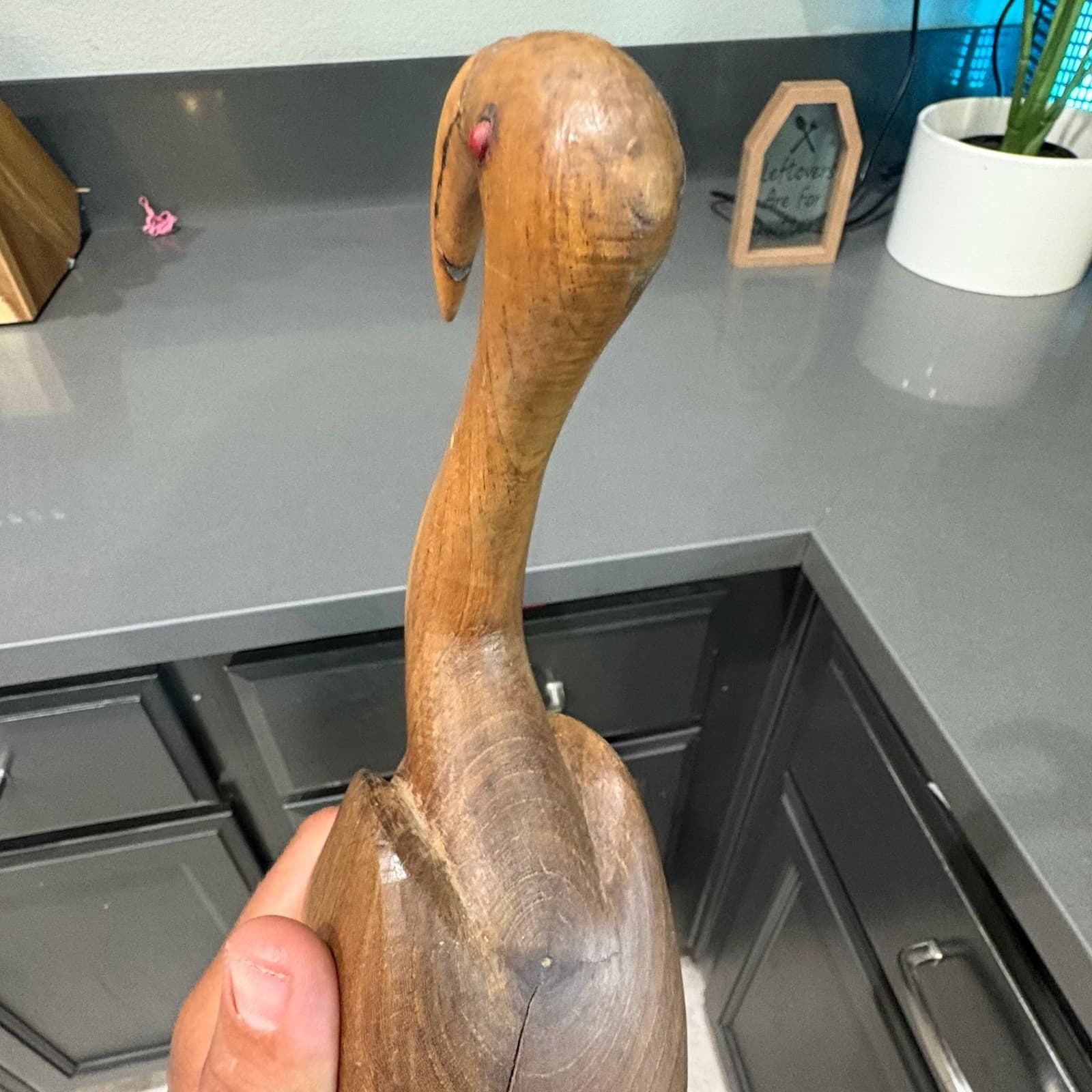 Vintage Hand Carved Wooden Ibis Bird Sculpture with Inlaid Eyes - Thumbnail 7