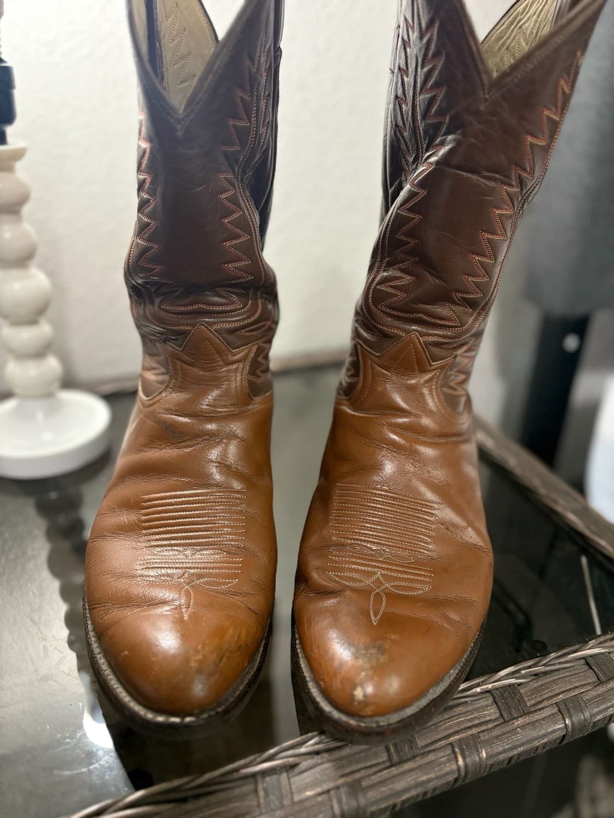 Vintage Tony Lama Two-Tone Brown Leather Western Cowboy Boots - Thumbnail 3