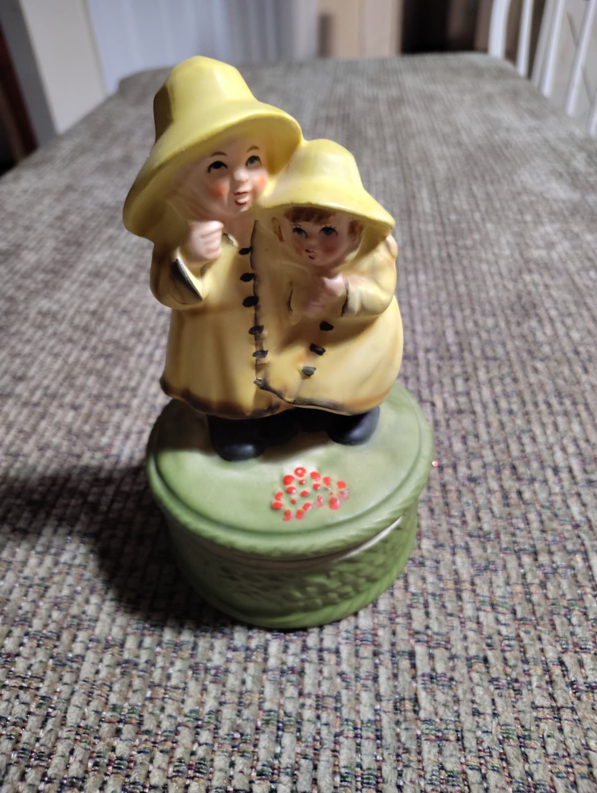Vintage Music Box- 2 kids in Raincoats, plays Raindrops Keep Falling on my Head
