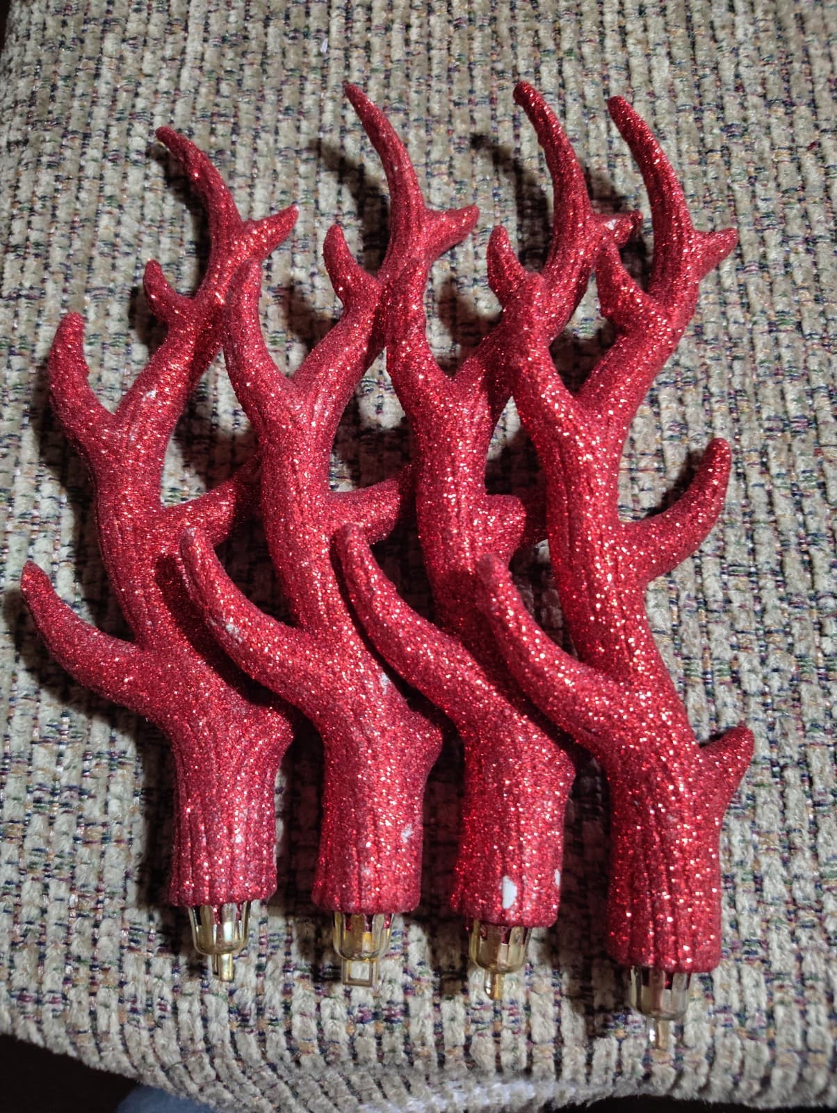 4 Reindeer Antler Red Glittered Christmas Ornaments 8” long