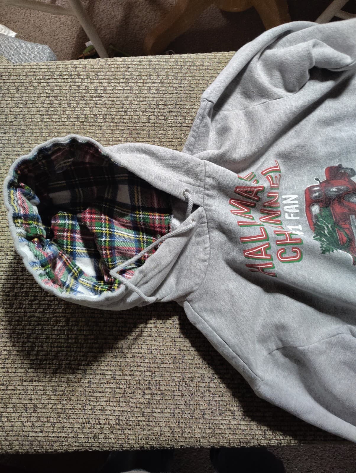 HALLMARK CHANNEL #1 Fan Hooded Sweatshirt Gray with Plaid lining and Truck Print - Thumbnail 6