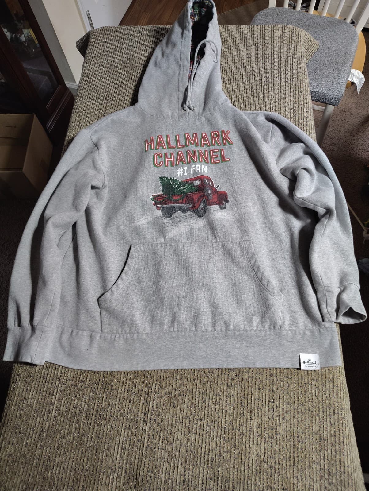HALLMARK CHANNEL #1 Fan Hooded Sweatshirt Gray with Plaid lining and Truck Print