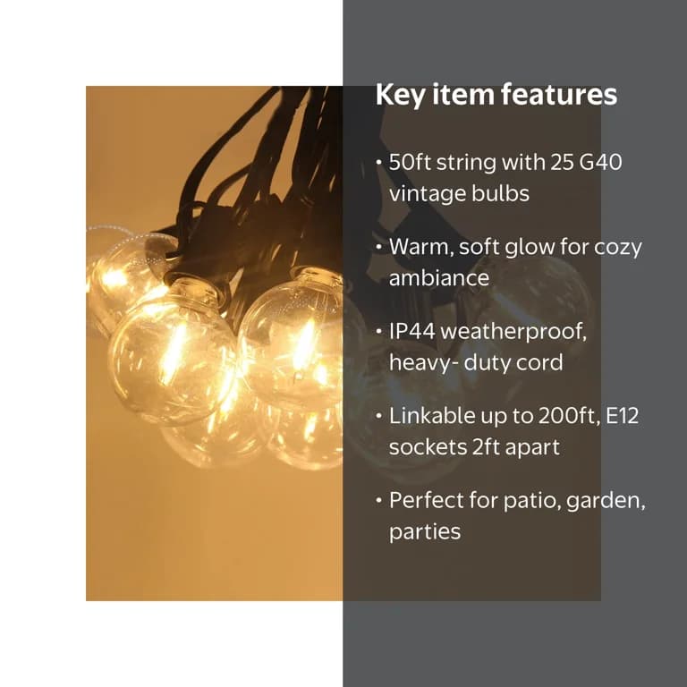 DAYBETTER Outdoor String Lights  50ft  with 25 G40 Edison Vintage Bulbs  Waterproof for Patio Garden Gazebo Bistro Cafe Backyard - Thumbnail 5