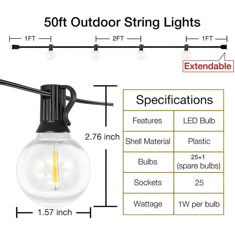 DAYBETTER Outdoor String Lights  50ft  with 25 G40 Edison Vintage Bulbs  Waterproof for Patio Garden Gazebo Bistro Cafe Backyard - Thumbnail 8