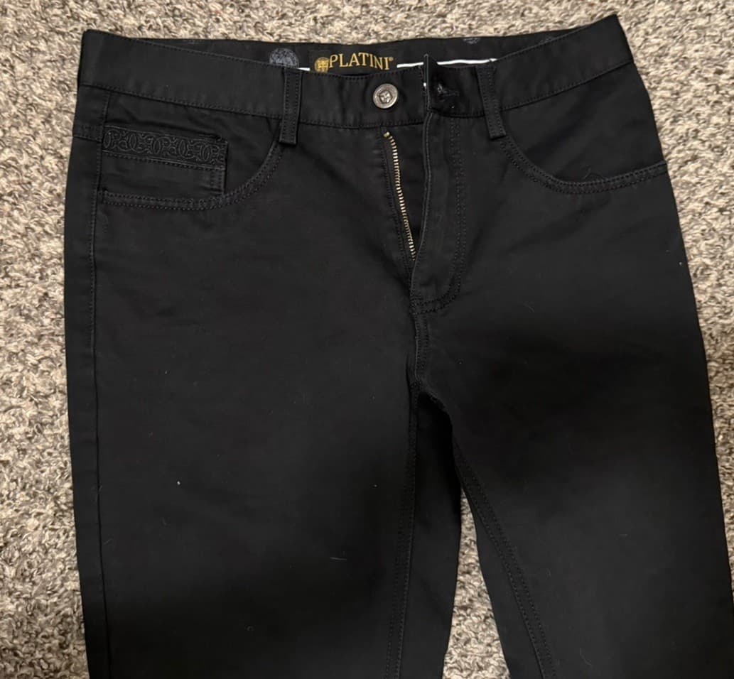 Platini Mens Black check Plaid Chino Straight Leg Stretch Pants 30x32 - Thumbnail 3