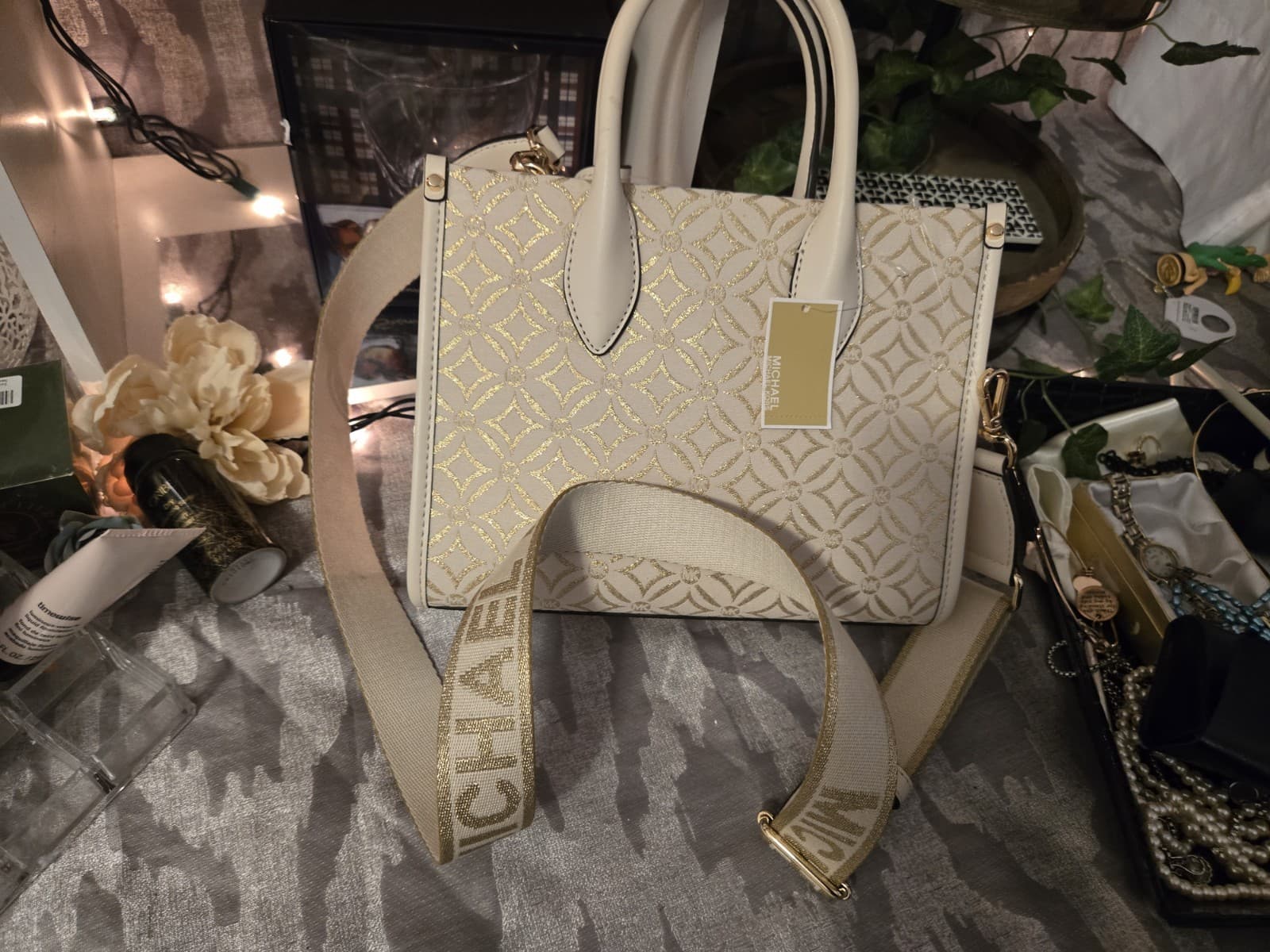Michael Kors Mirella Small Shopper Tote Crossbody Cream Gold MK Logo NWT - Thumbnail 5