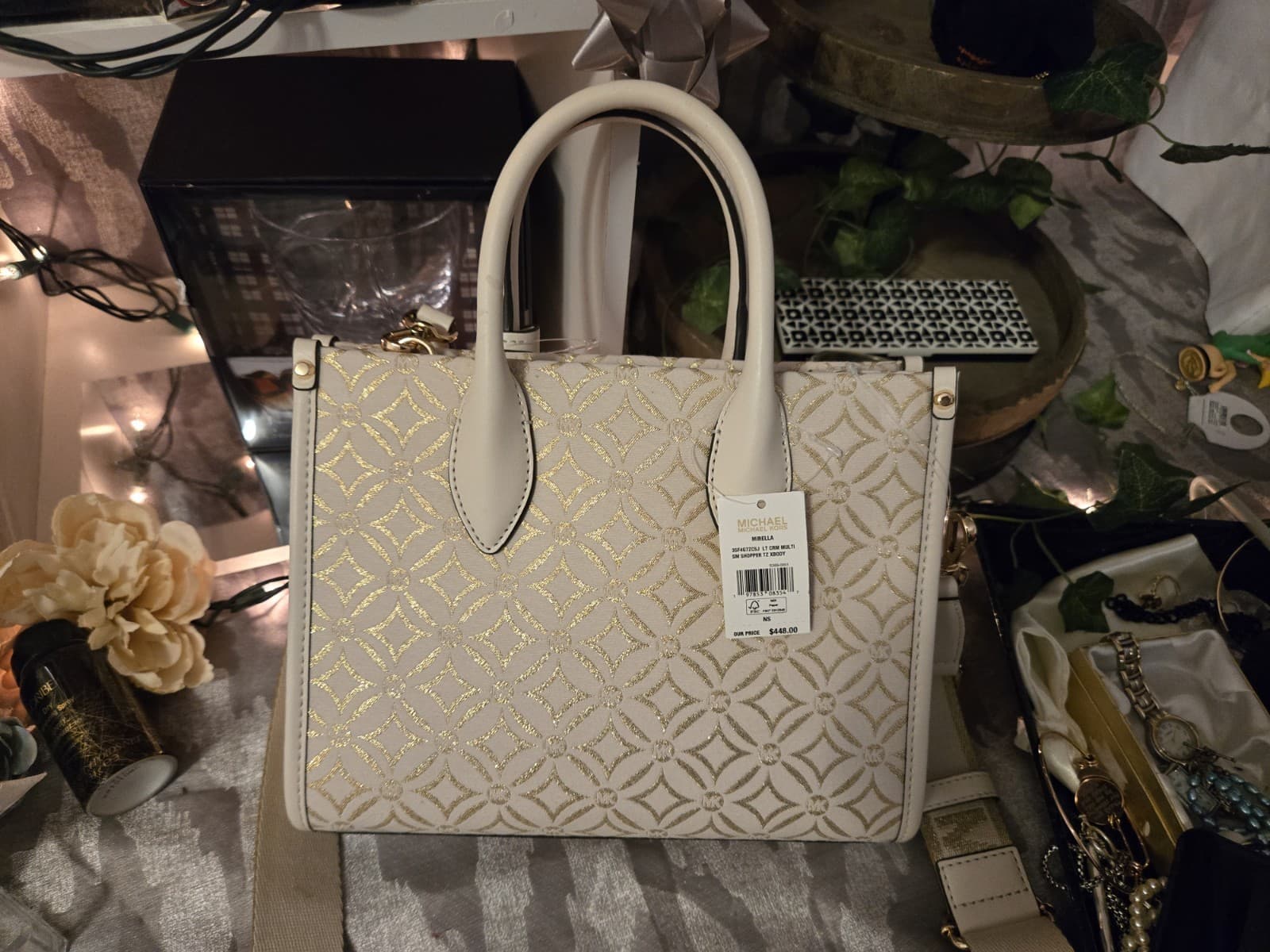 Michael Kors Mirella Small Shopper Tote Crossbody Cream Gold MK Logo NWT - Thumbnail 10
