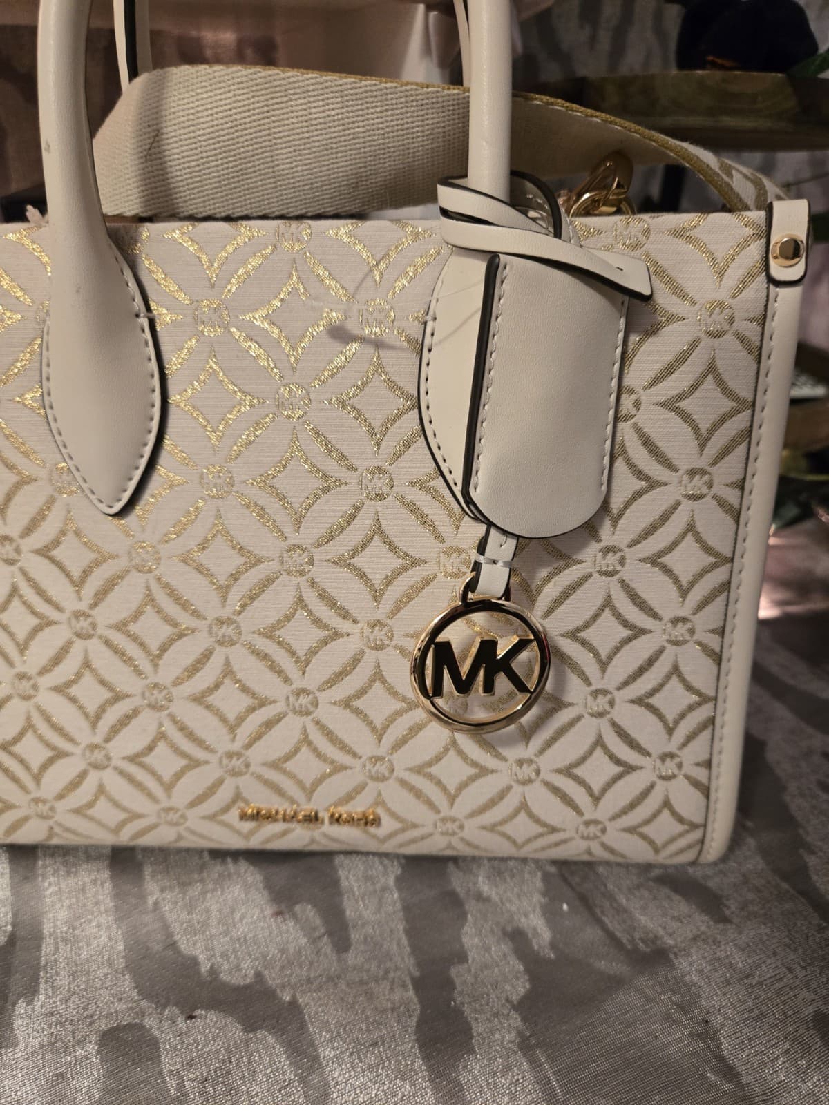 Michael Kors Mirella Small Shopper Tote Crossbody Cream Gold MK Logo NWT - Thumbnail 4