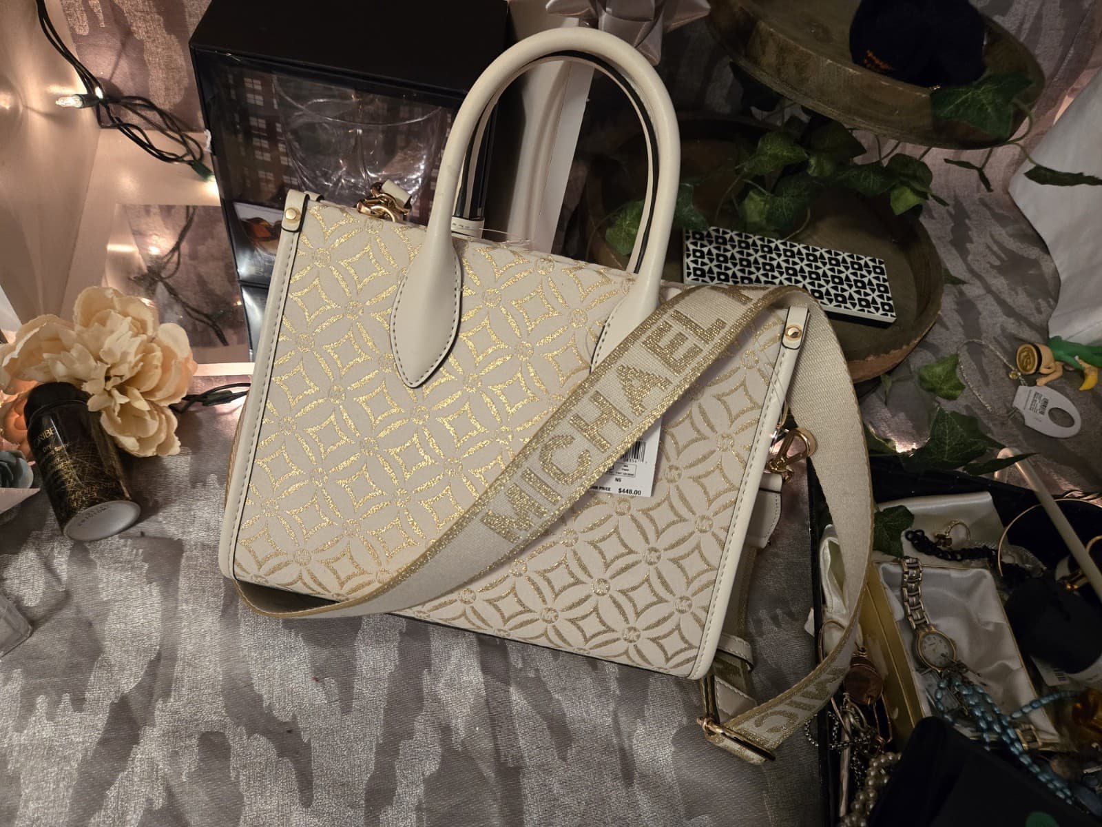 Michael Kors Mirella Small Shopper Tote Crossbody Cream Gold MK Logo NWT - Thumbnail 9