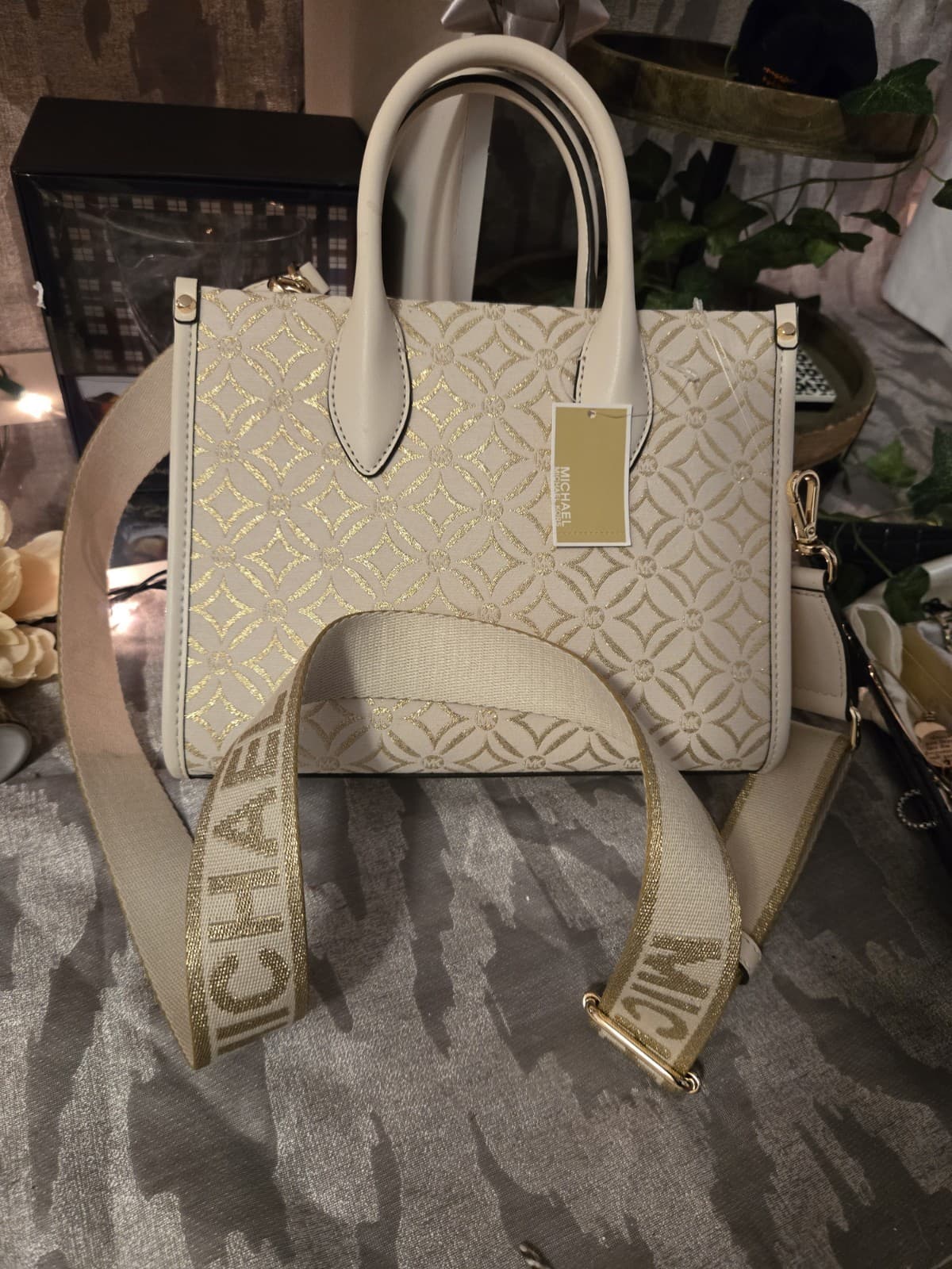 Michael Kors Mirella Small Shopper Tote Crossbody Cream Gold MK Logo NWT - Thumbnail 6