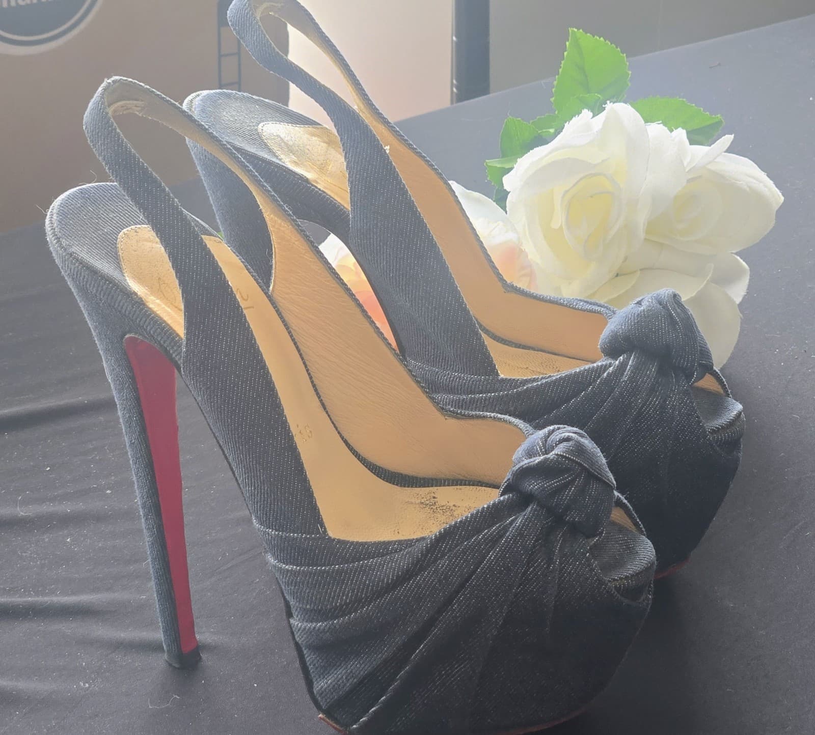 RED BOTTOMS! Christian Louboutin Denim Peep Toe Platform Heels Red Sole EU 38 - Thumbnail 14