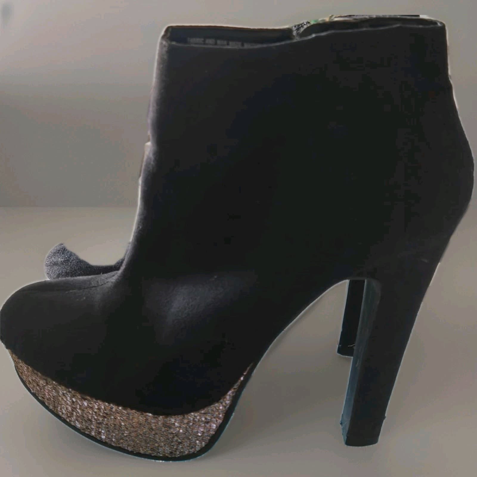 GLO Black Suede Platform Heel Ankle Boots Rhinestone Toe Size 9 - Thumbnail 5