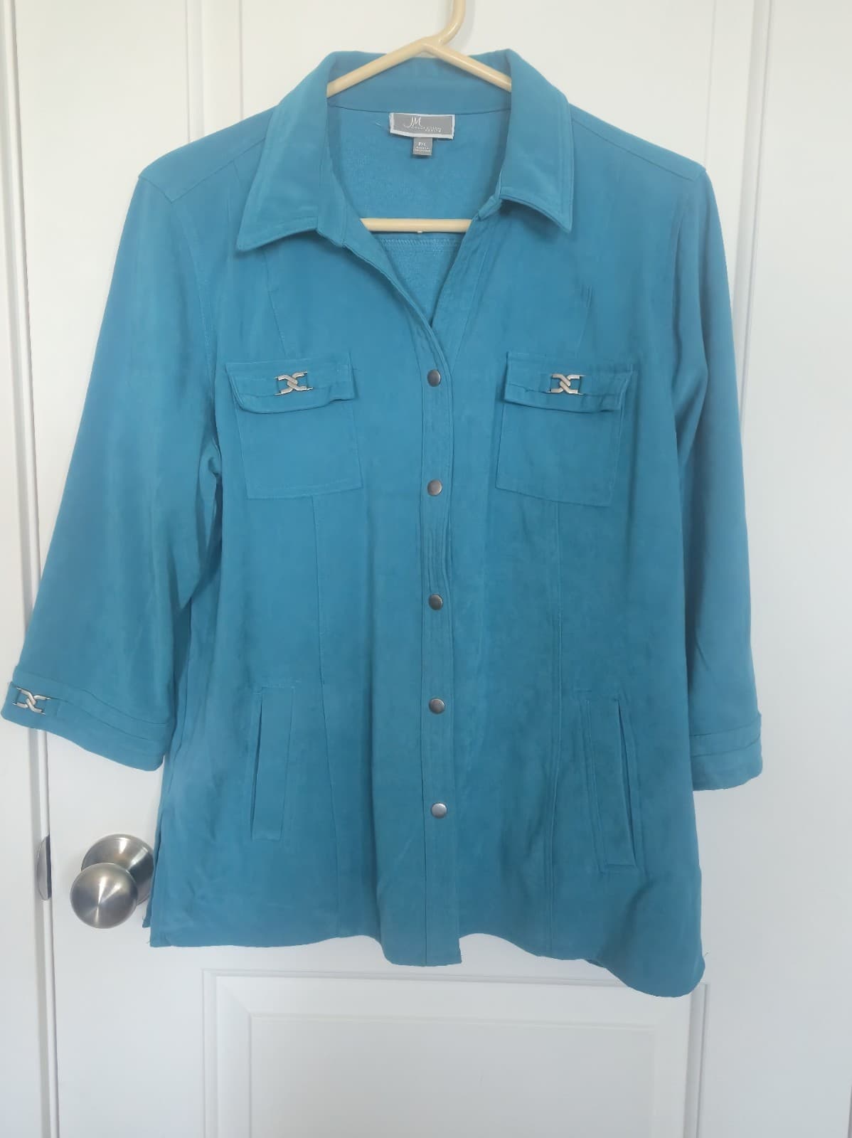 JM Collection Teal Blue Faux Suede Long Sleeve Button Down L - Thumbnail 2
