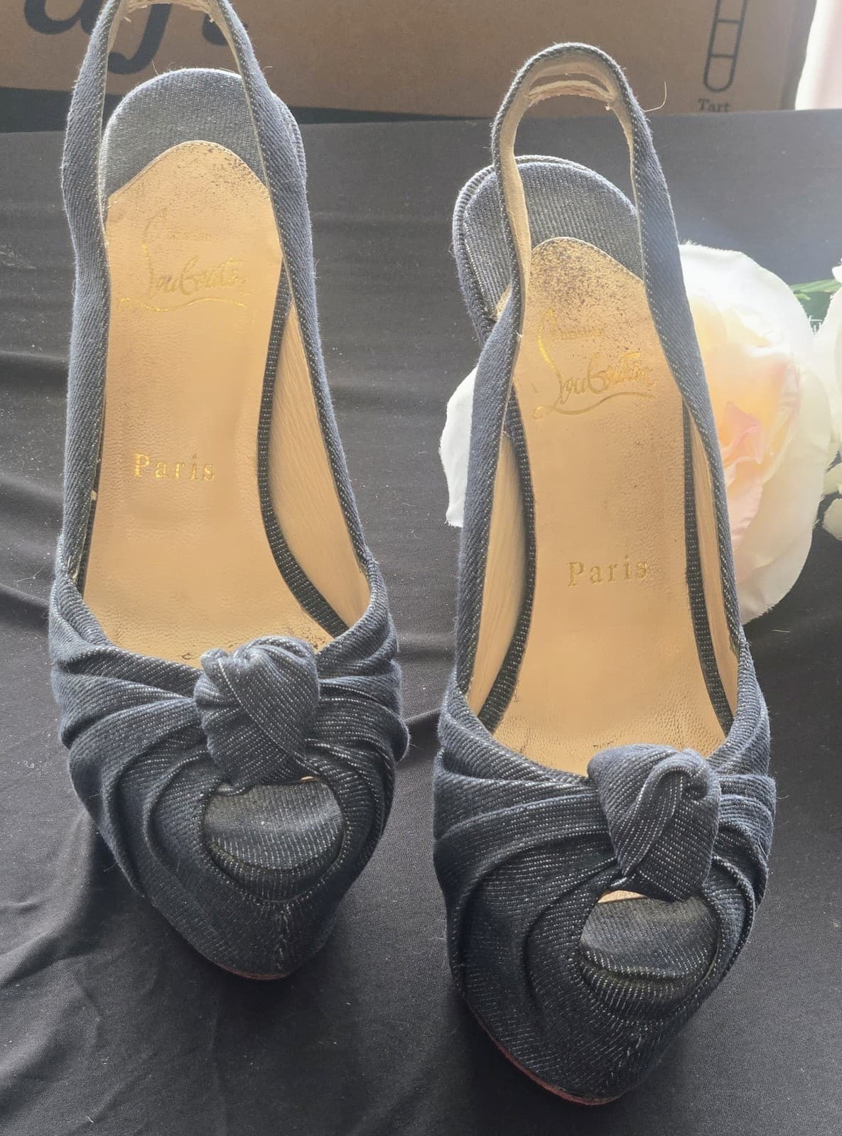RED BOTTOMS! Christian Louboutin Denim Peep Toe Platform Heels Red Sole EU 38 - Thumbnail 17