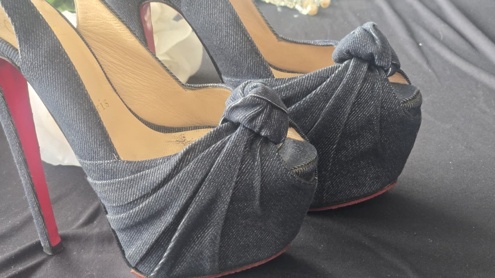 RED BOTTOMS! Christian Louboutin Denim Peep Toe Platform Heels Red Sole EU 38 - Thumbnail 2