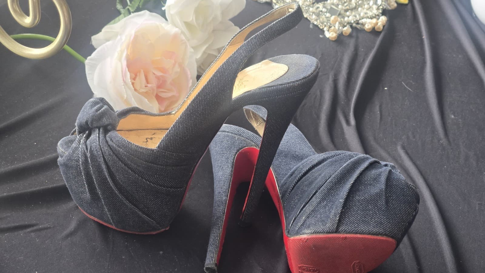 RED BOTTOMS! Christian Louboutin Denim Peep Toe Platform Heels Red Sole EU 38 - Thumbnail 8