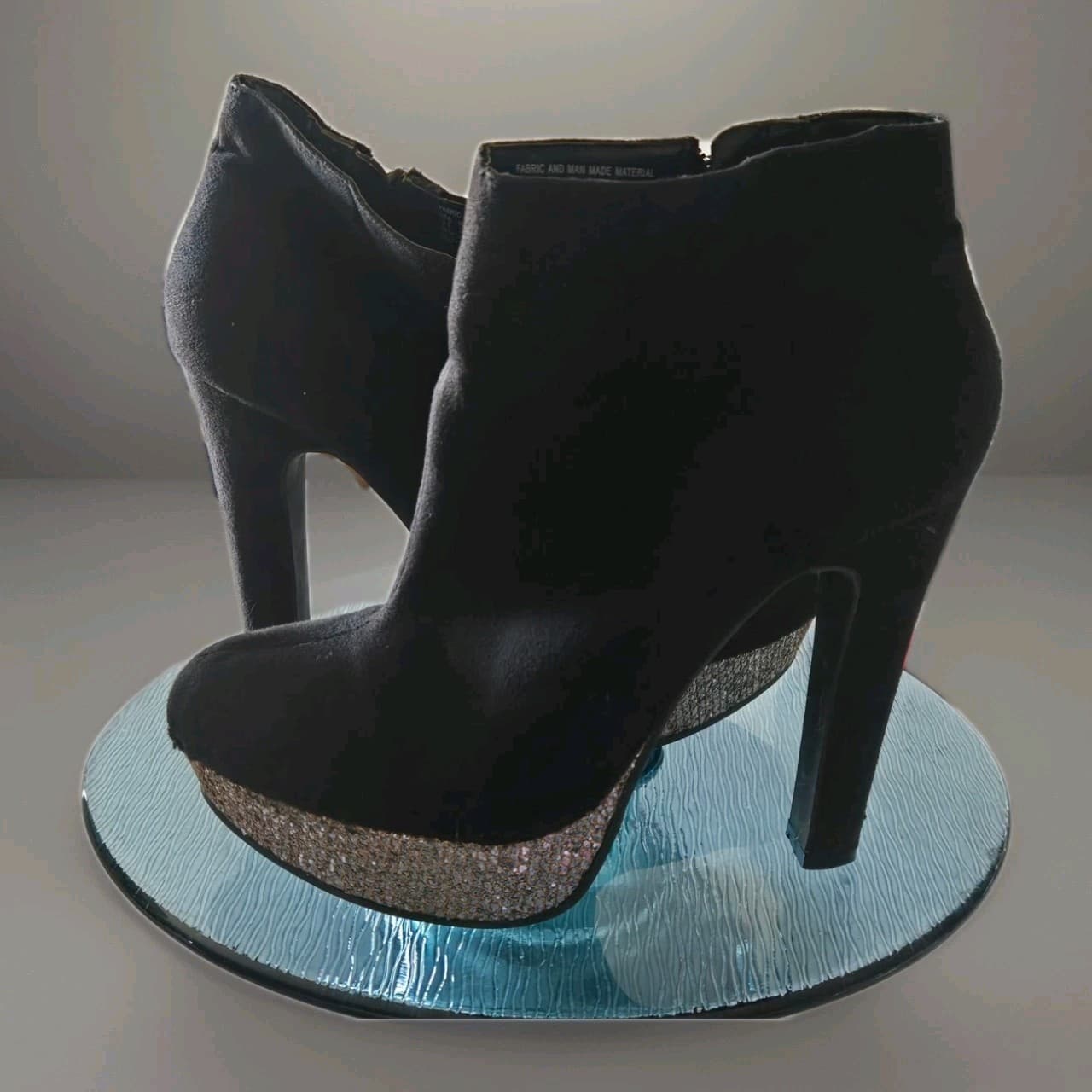 GLO Black Suede Platform Heel Ankle Boots Rhinestone Toe Size 9 - Thumbnail 2