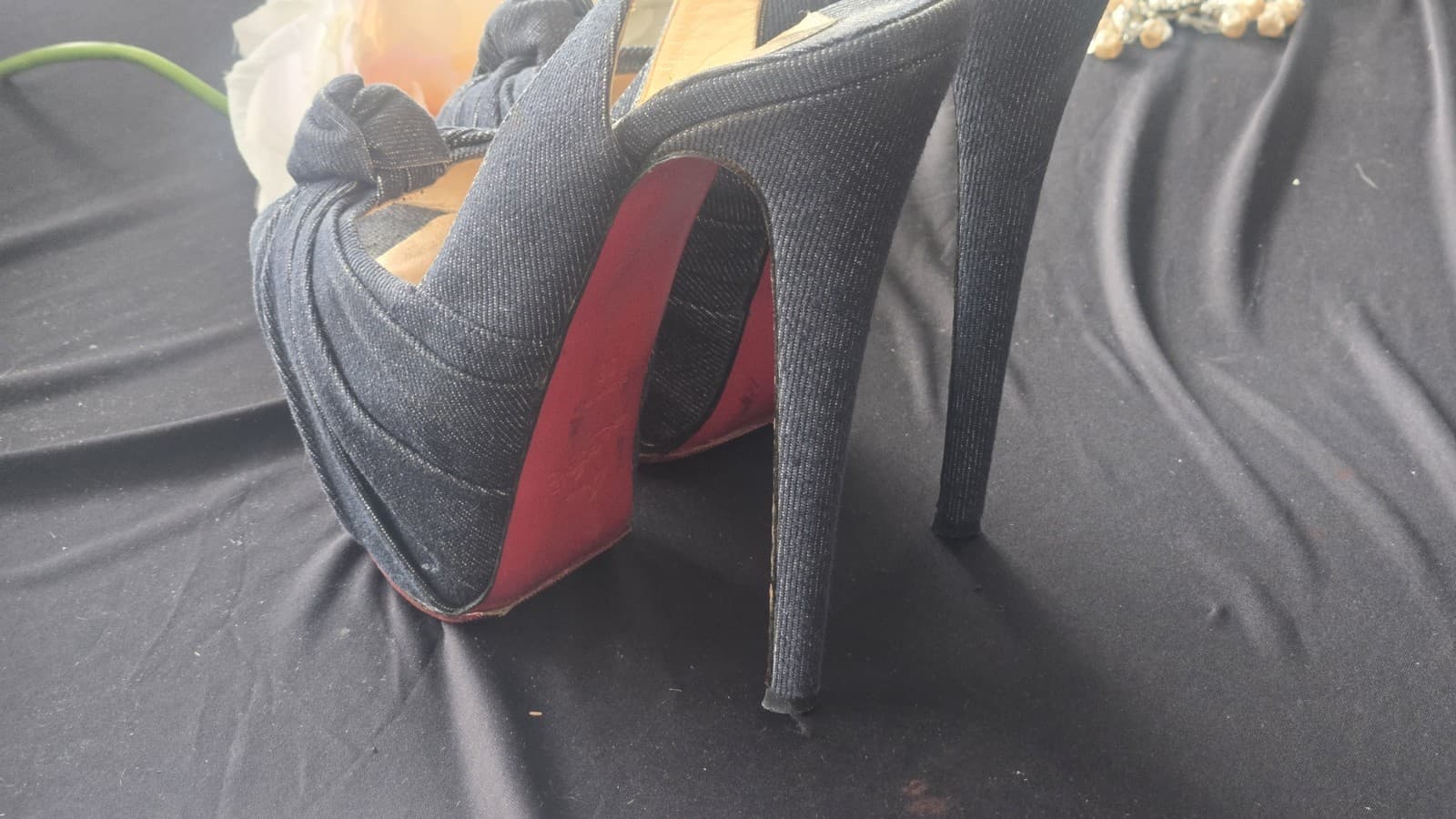 RED BOTTOMS! Christian Louboutin Denim Peep Toe Platform Heels Red Sole EU 38 - Thumbnail 5
