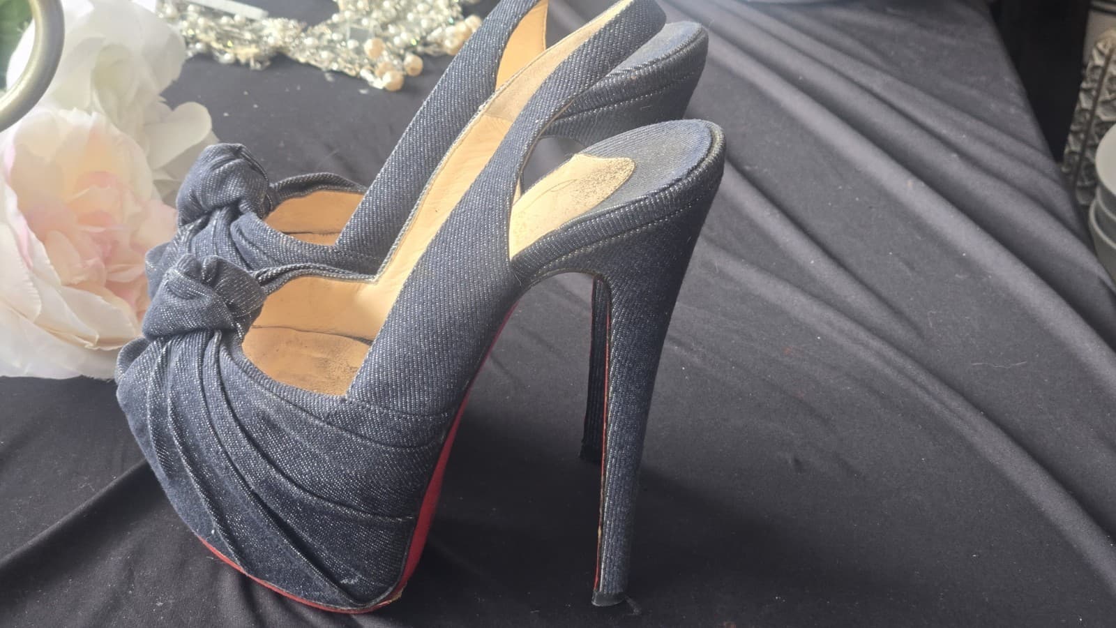 RED BOTTOMS! Christian Louboutin Denim Peep Toe Platform Heels Red Sole EU 38 - Thumbnail 6