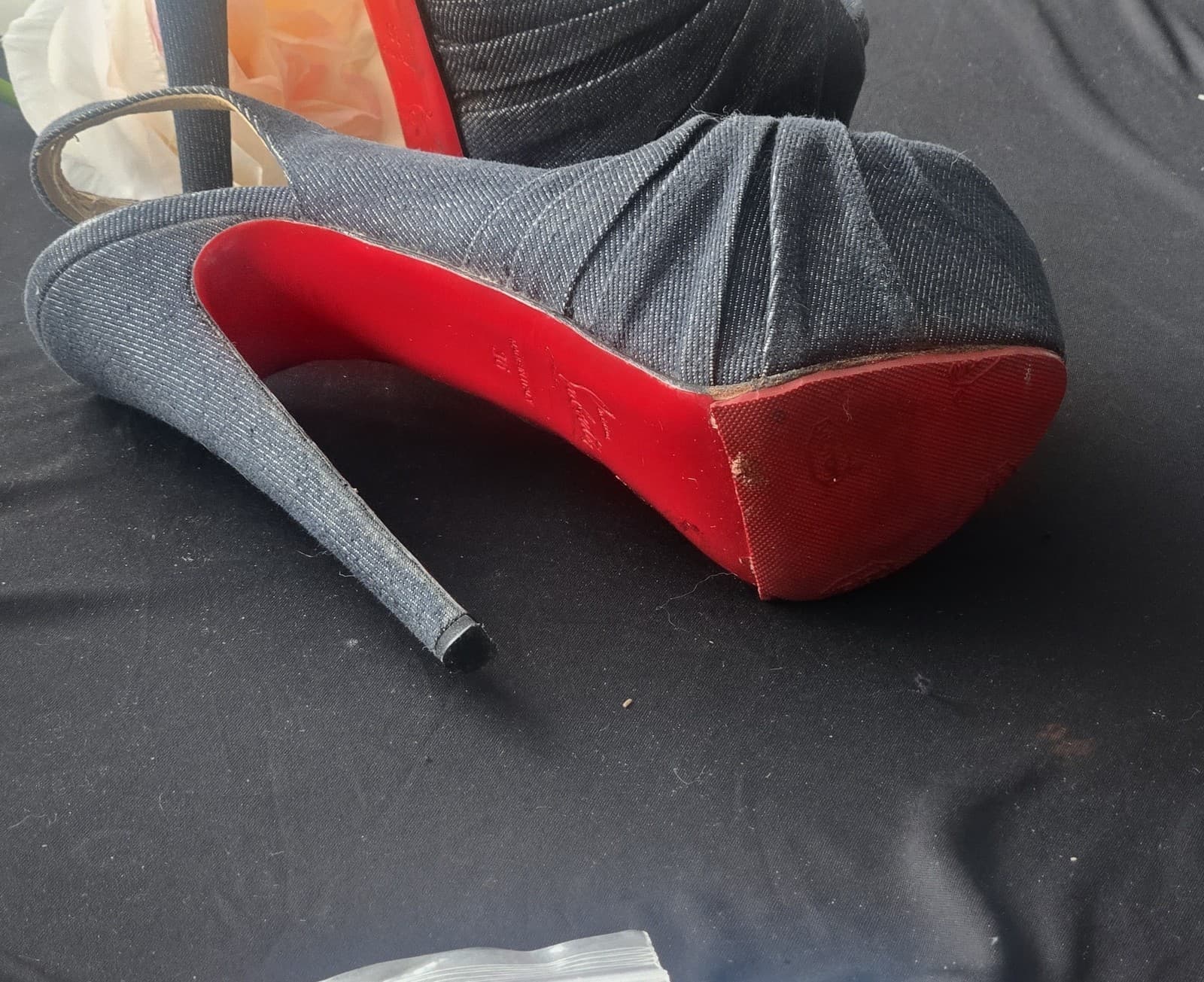 RED BOTTOMS! Christian Louboutin Denim Peep Toe Platform Heels Red Sole EU 38 - Thumbnail 15
