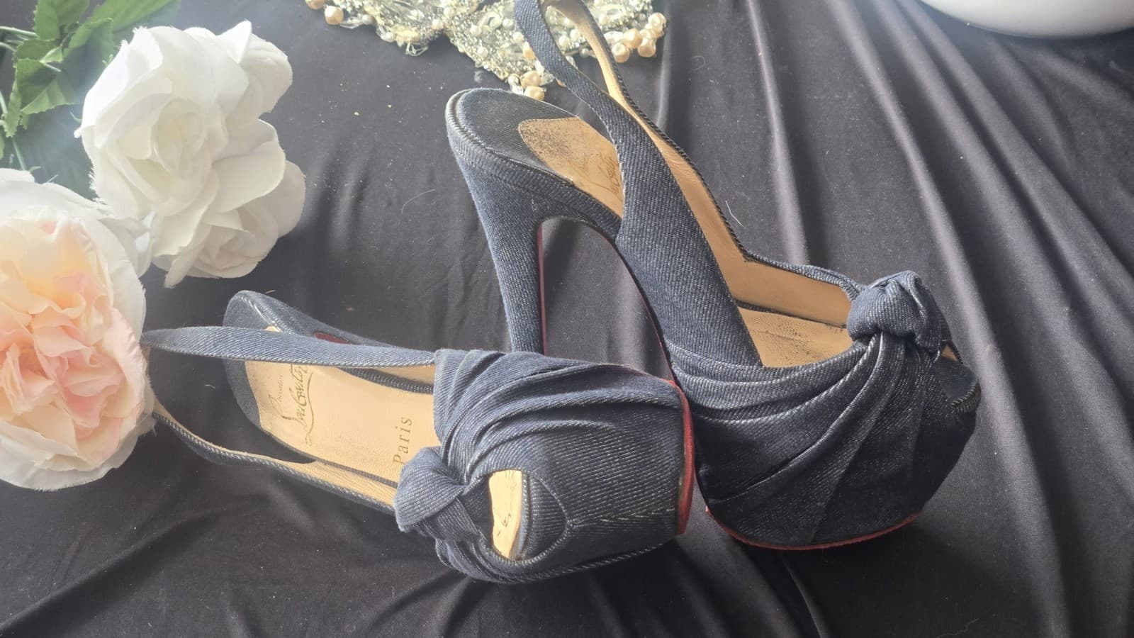 RED BOTTOMS! Christian Louboutin Denim Peep Toe Platform Heels Red Sole EU 38 - Thumbnail 7