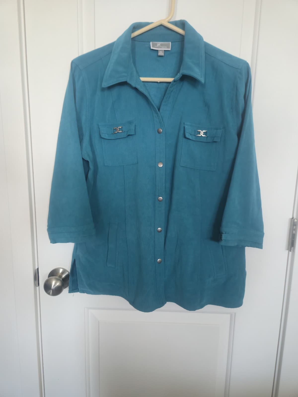JM Collection Teal Blue Faux Suede Long Sleeve Button Down L - Thumbnail 7