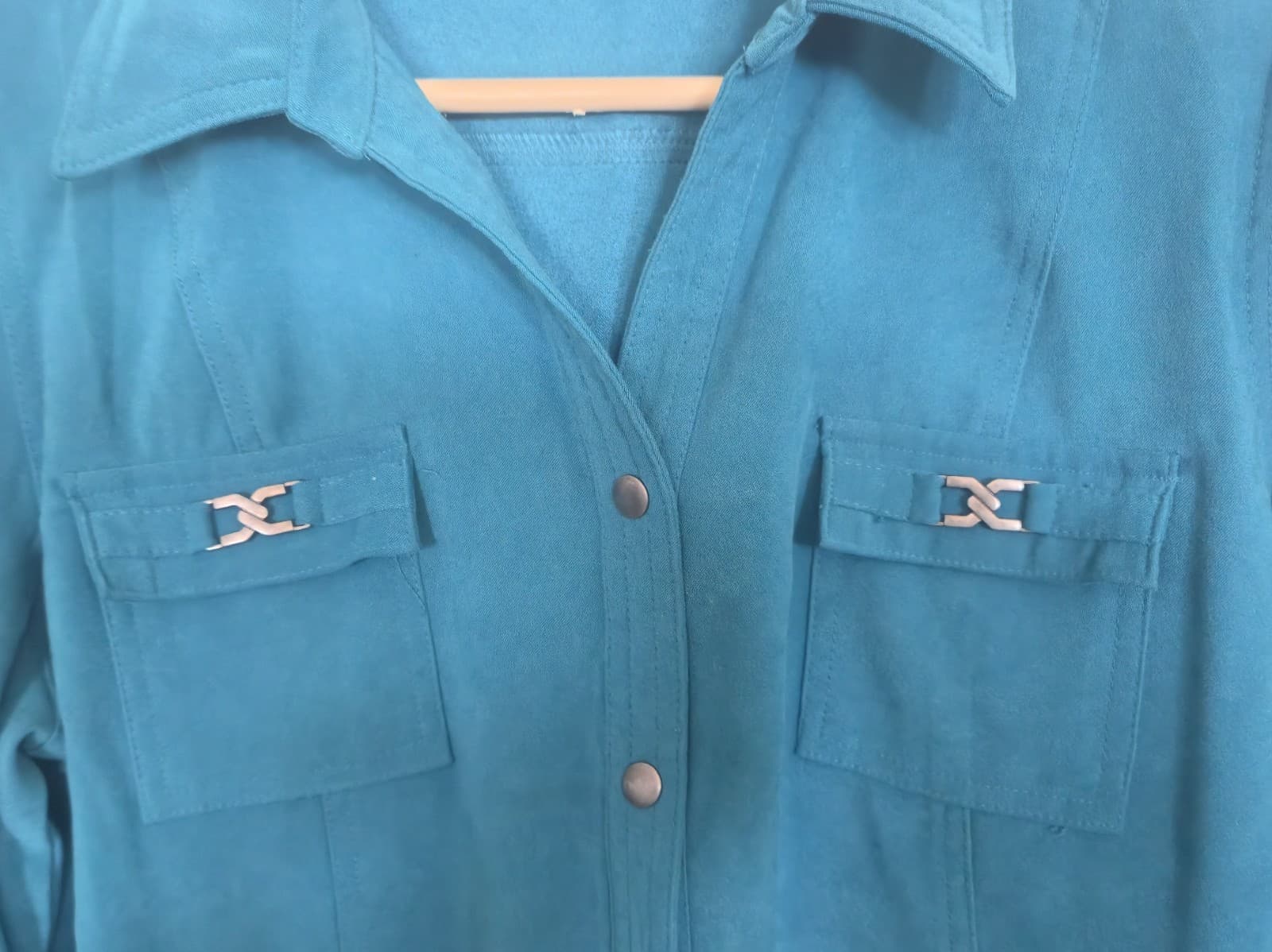 JM Collection Teal Blue Faux Suede Long Sleeve Button Down L - Thumbnail 4