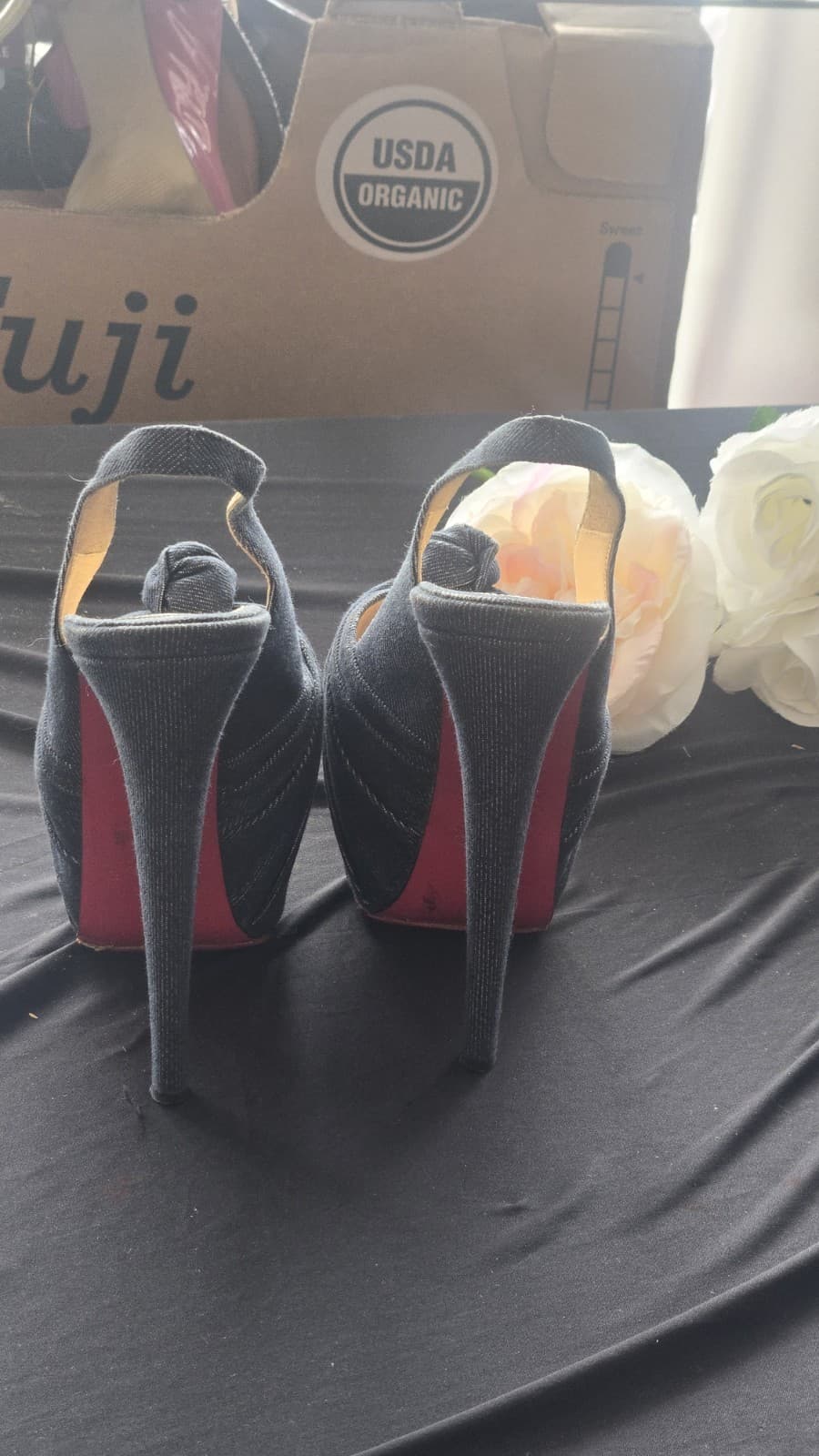 RED BOTTOMS! Christian Louboutin Denim Peep Toe Platform Heels Red Sole EU 38 - Thumbnail 3
