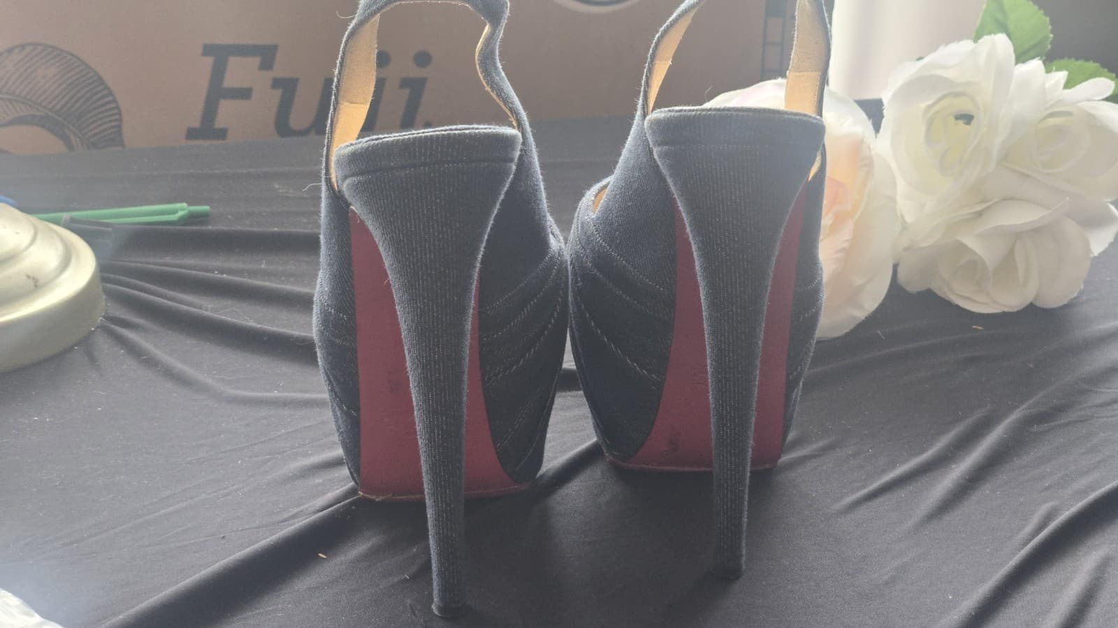 RED BOTTOMS! Christian Louboutin Denim Peep Toe Platform Heels Red Sole EU 38 - Thumbnail 4