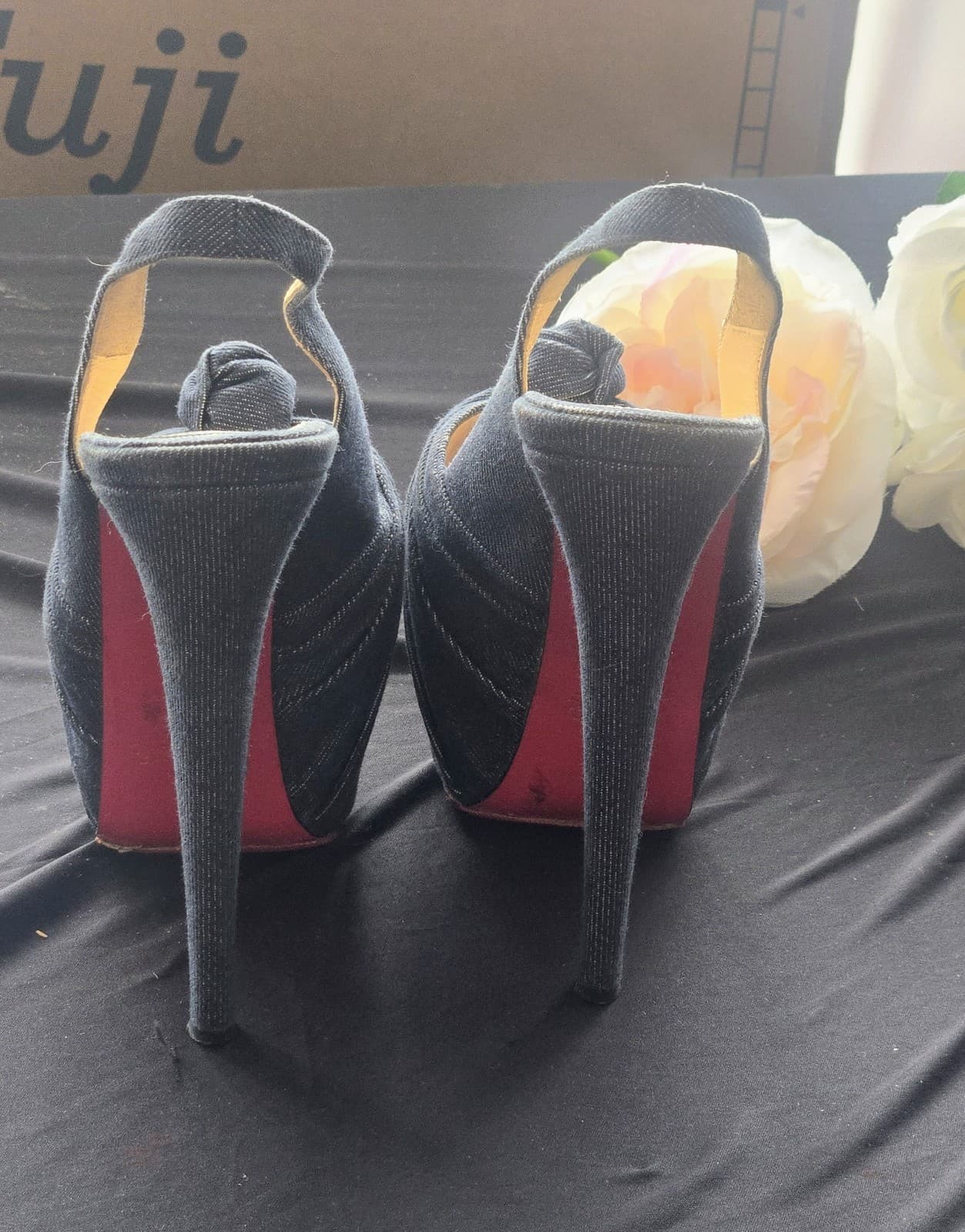 RED BOTTOMS! Christian Louboutin Denim Peep Toe Platform Heels Red Sole EU 38 - Thumbnail 19