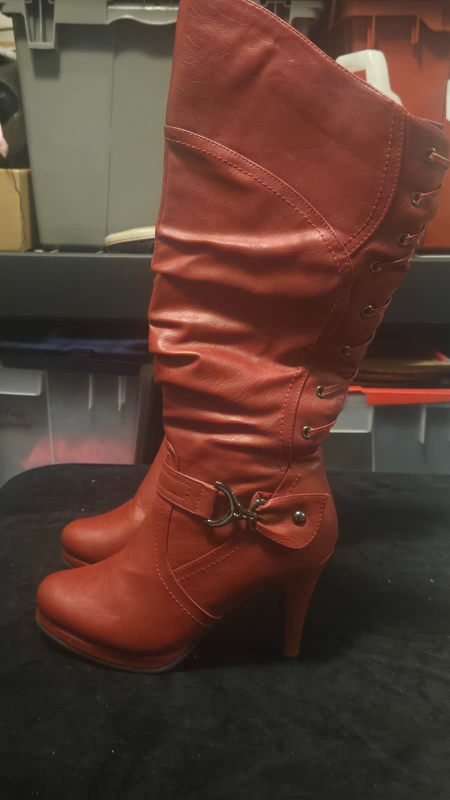 Top Moda Women’s Size 7 Red Knee High Boots Lace Up Platform High Heel - Thumbnail 11