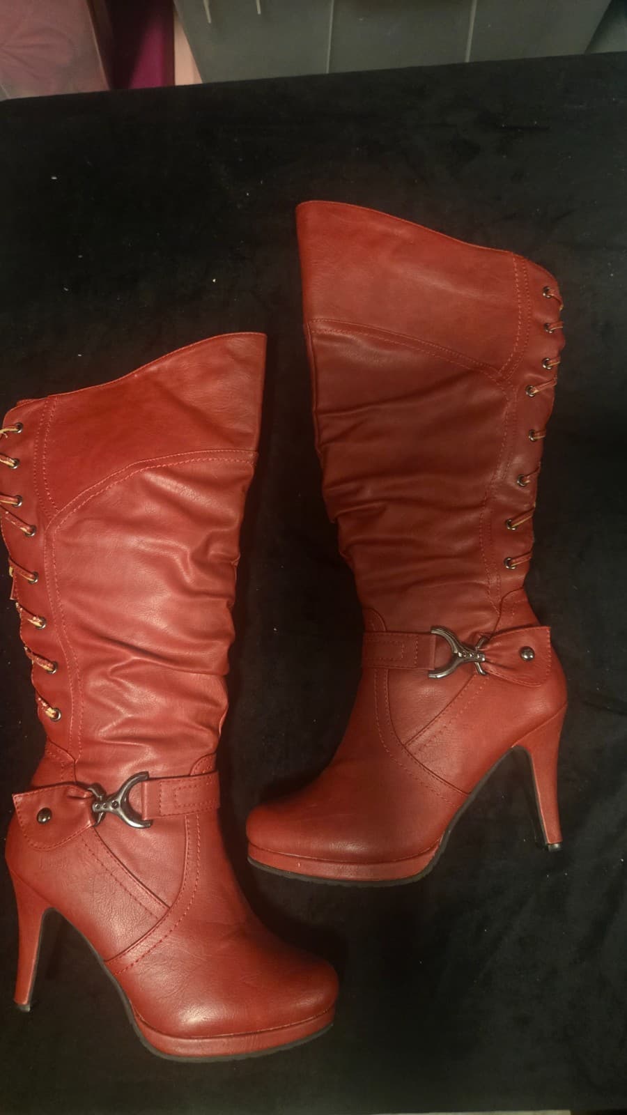 Top Moda Women’s Size 7 Red Knee High Boots Lace Up Platform High Heel - Thumbnail 4