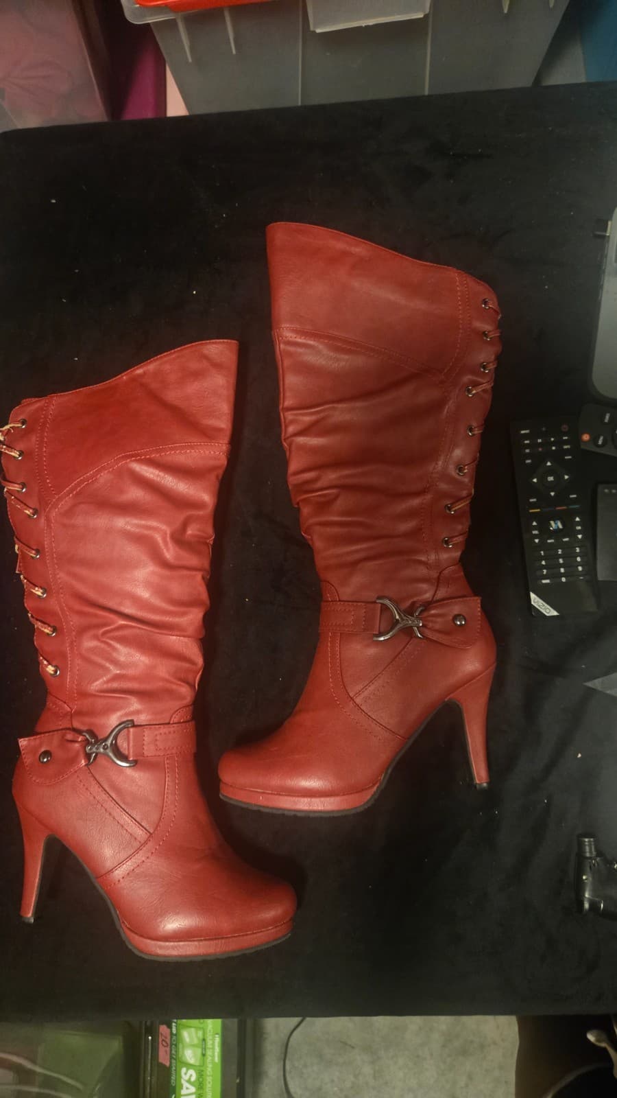 Top Moda Women’s Size 7 Red Knee High Boots Lace Up Platform High Heel - Thumbnail 3