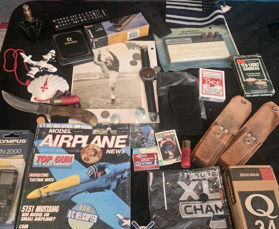 Vintage Men’s Junk Drawer Estate Lot Coins Knife LEGO Stamps Watch Tools